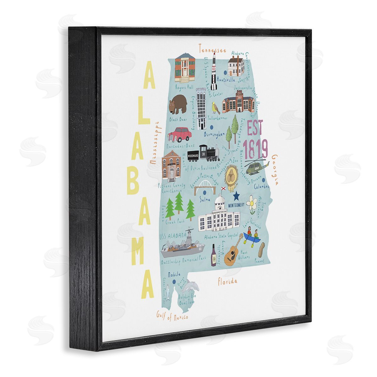 Carla Daly Alabama Landmark Map USA Black Framed Glicee Wall Art Print