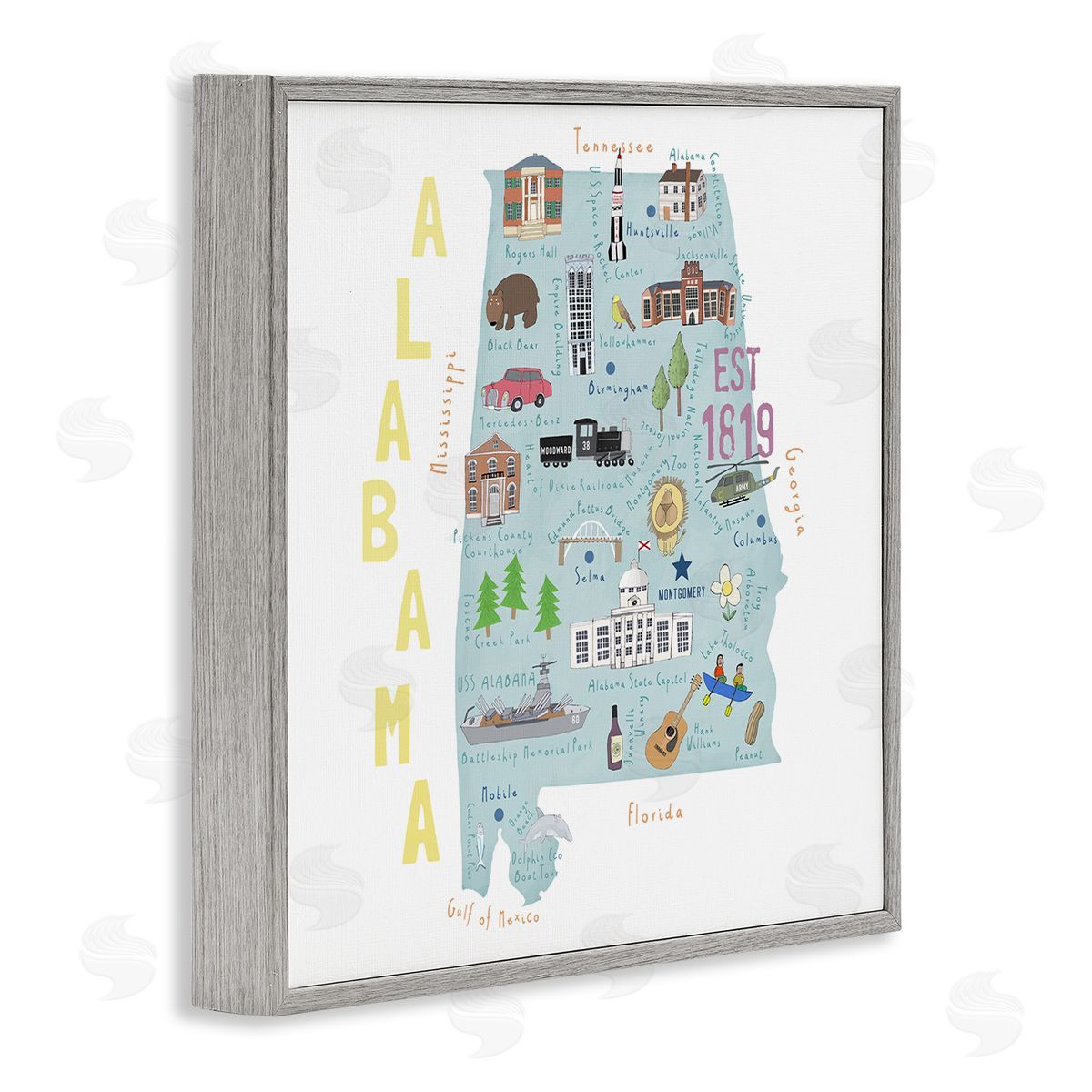 Carla Daly Alabama Landmark Map USA Gray Framed Glicee Wall Art Print
