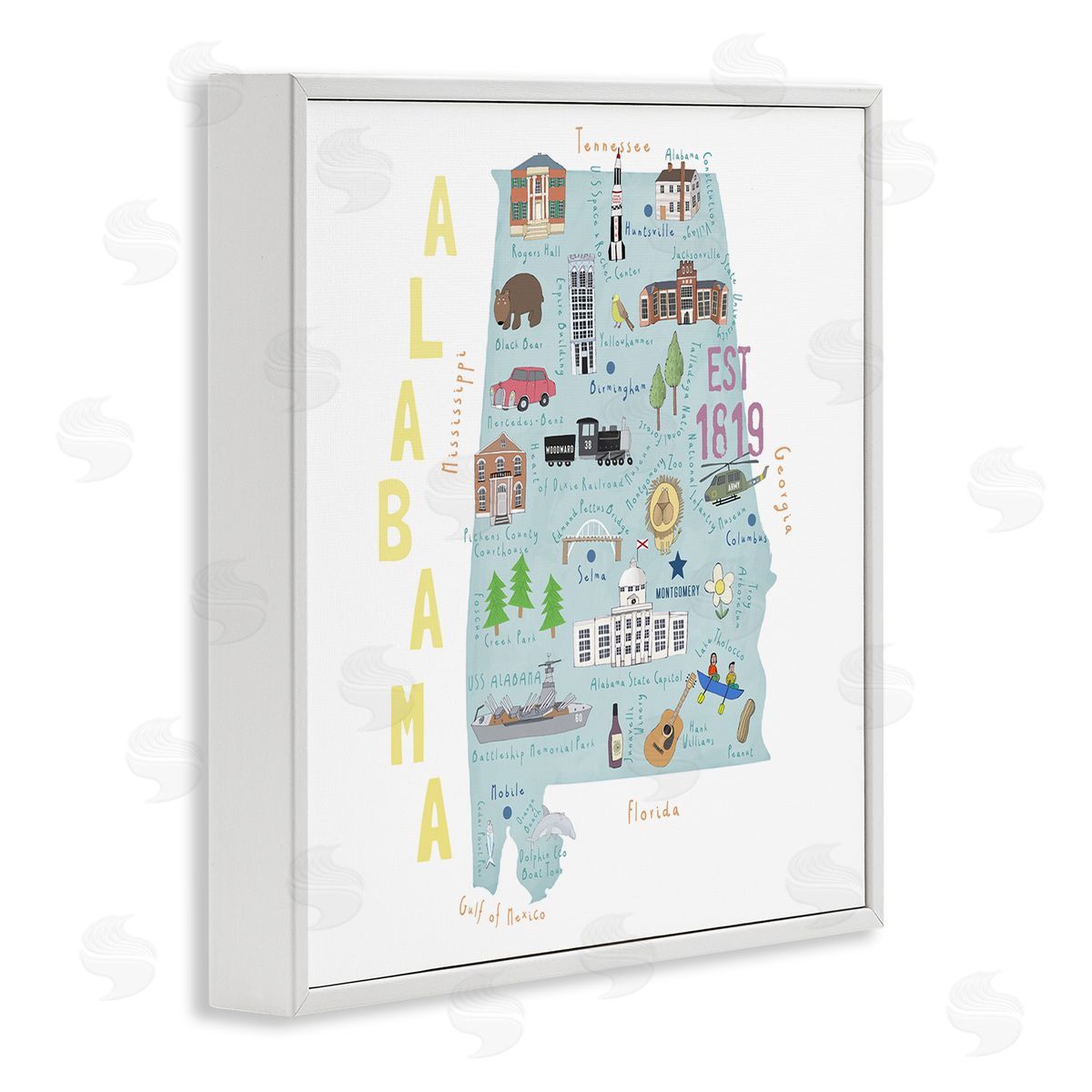 Carla Daly Alabama Landmark Map USA White Framed Glicee Wall Art Print