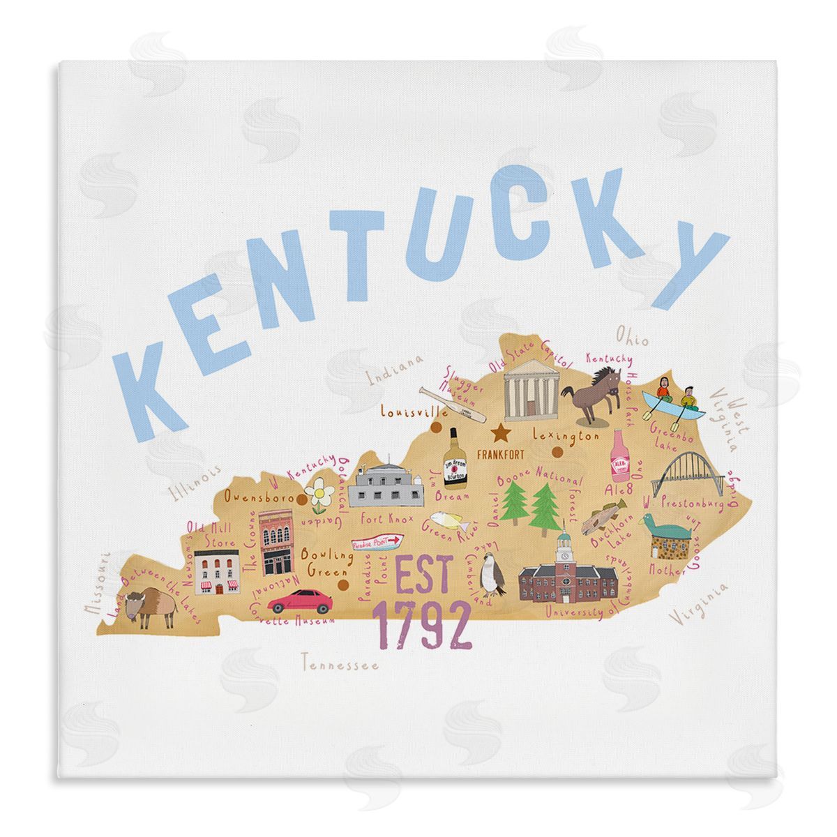 Carla Daly Kentucky Map Tourist Spots Stretched Canvas Wall Art Print