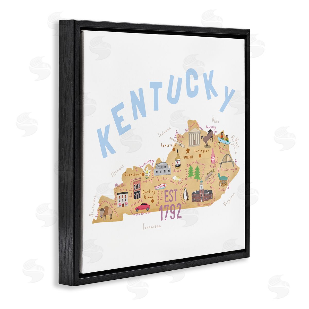 Carla Daly Kentucky Map Tourist Spots Black Floating Frame Canvas Wall Art Print