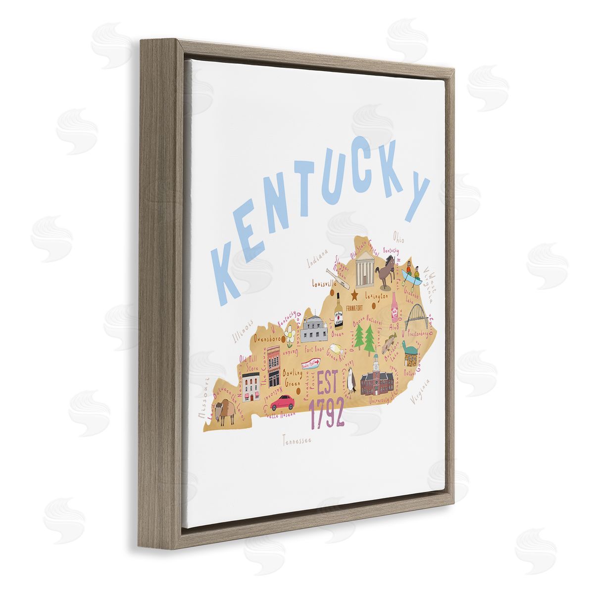 Carla Daly Kentucky Map Tourist Spots Brown Floating Frame Canvas Wall Art Print