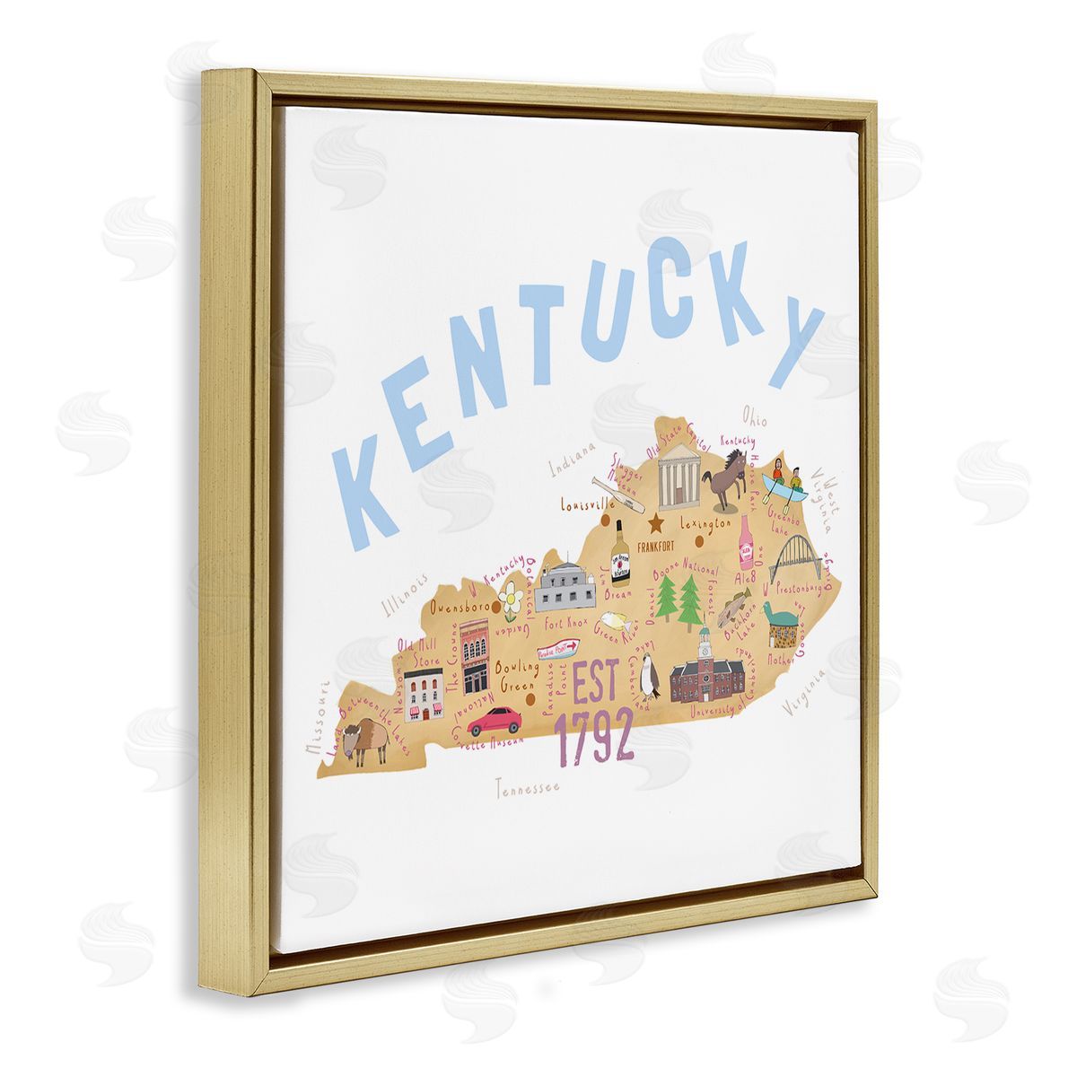 Carla Daly Kentucky Map Tourist Spots Gold Floating Frame Canvas Wall Art Print