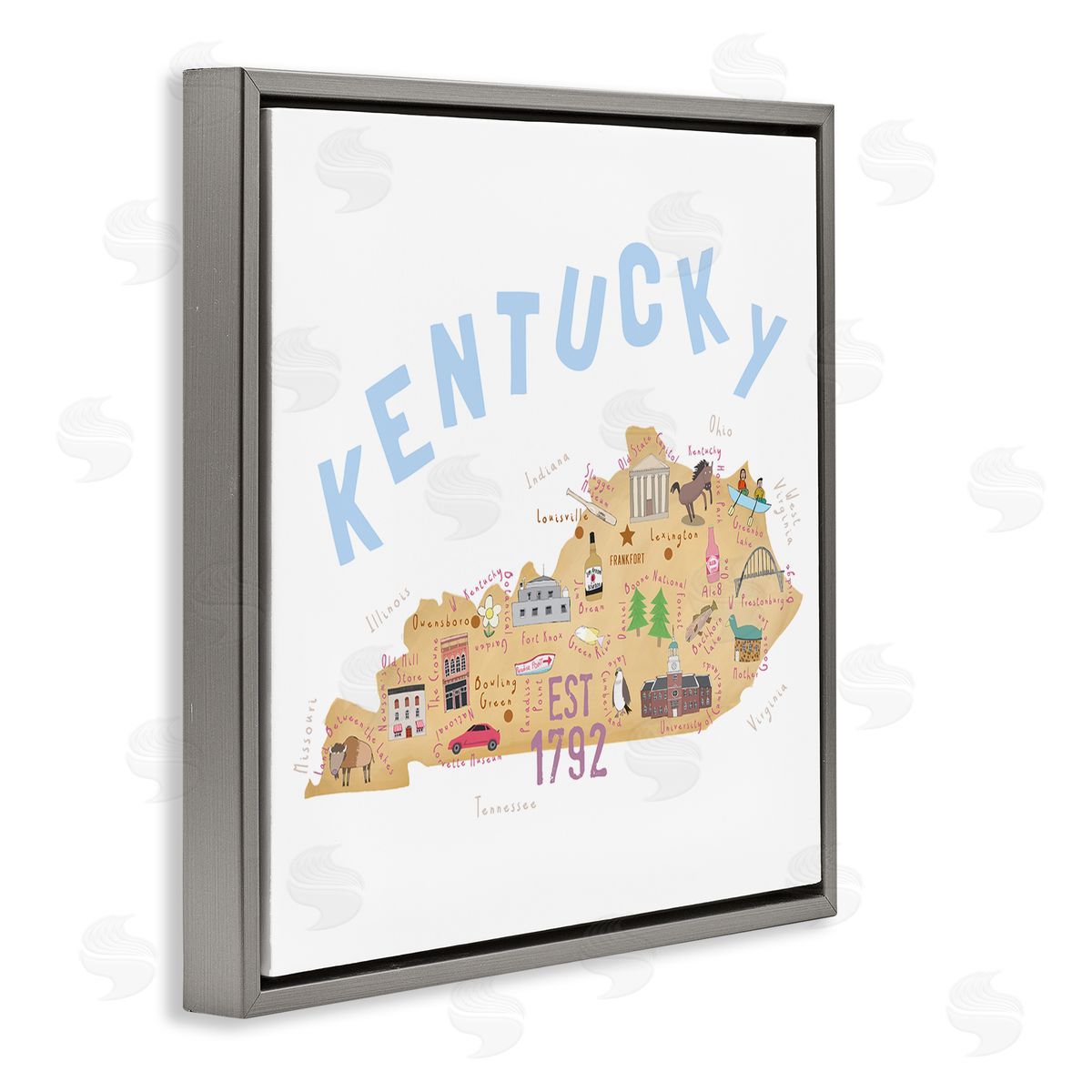 Carla Daly Kentucky Map Tourist Spots Gray Floating Frame Canvas Wall Art Print