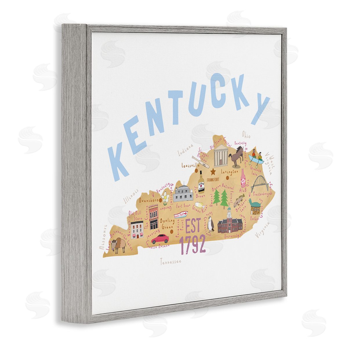 Carla Daly Kentucky Map Tourist Spots Gray Framed Glicee Wall Art Print