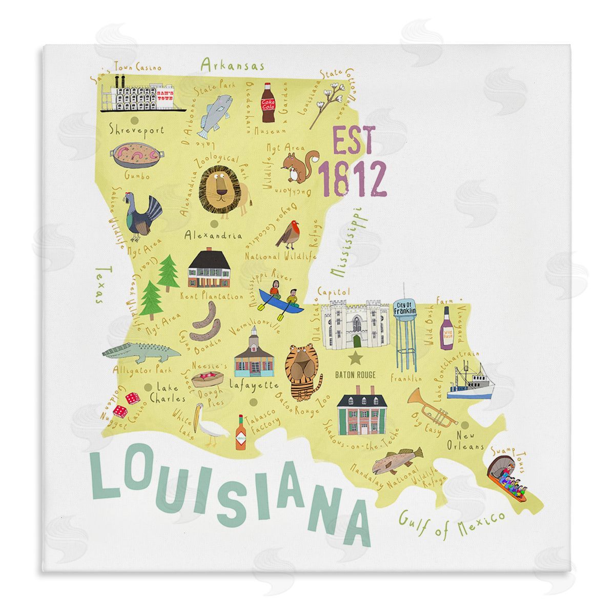 Carla Daly Louisiana State Landmarks Map Stretched Canvas Wall Art Print