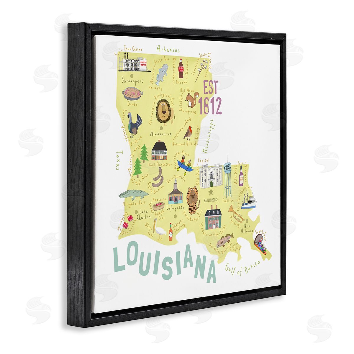 Carla Daly Louisiana State Landmarks Map Black Floating Frame Canvas Wall Art Print