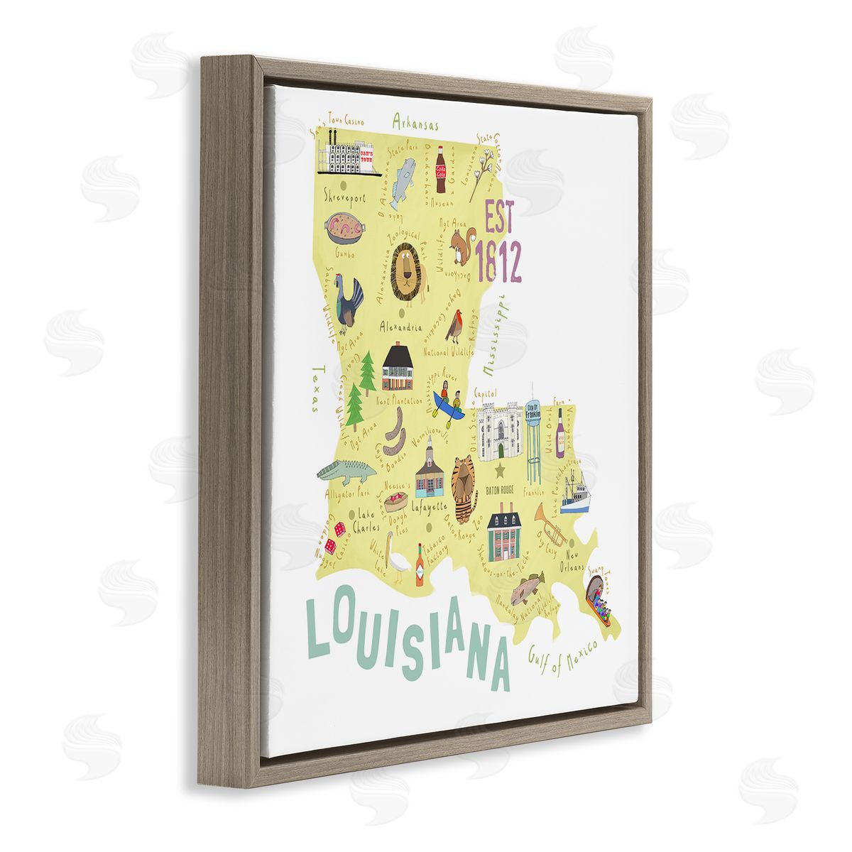 Carla Daly Louisiana State Landmarks Map Brown Floating Frame Canvas Wall Art Print