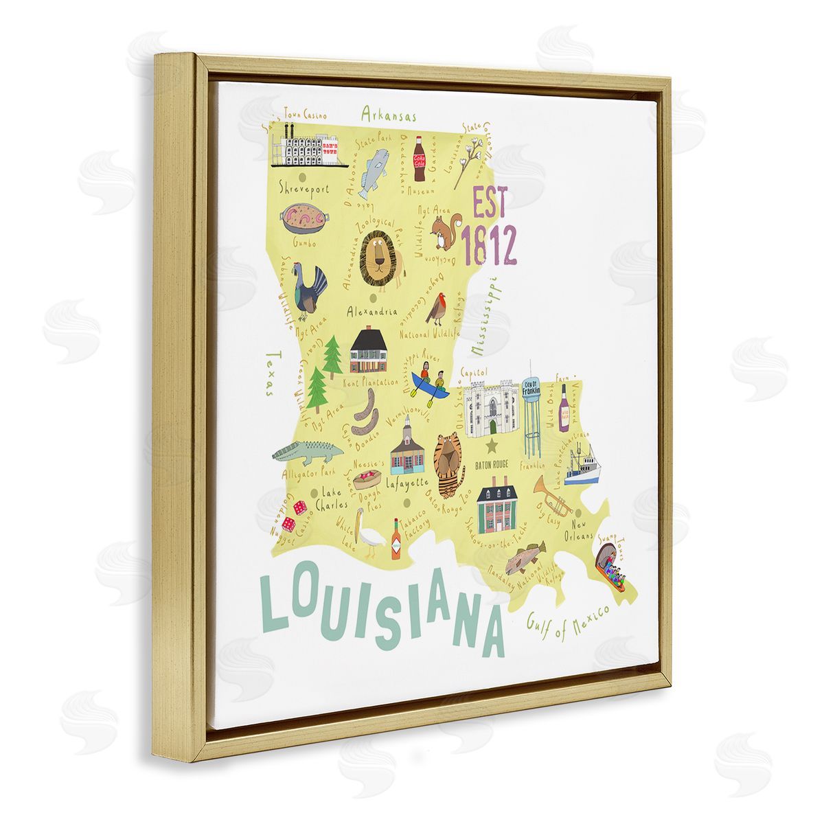 Carla Daly Louisiana State Landmarks Map Gold Floating Frame Canvas Wall Art Print