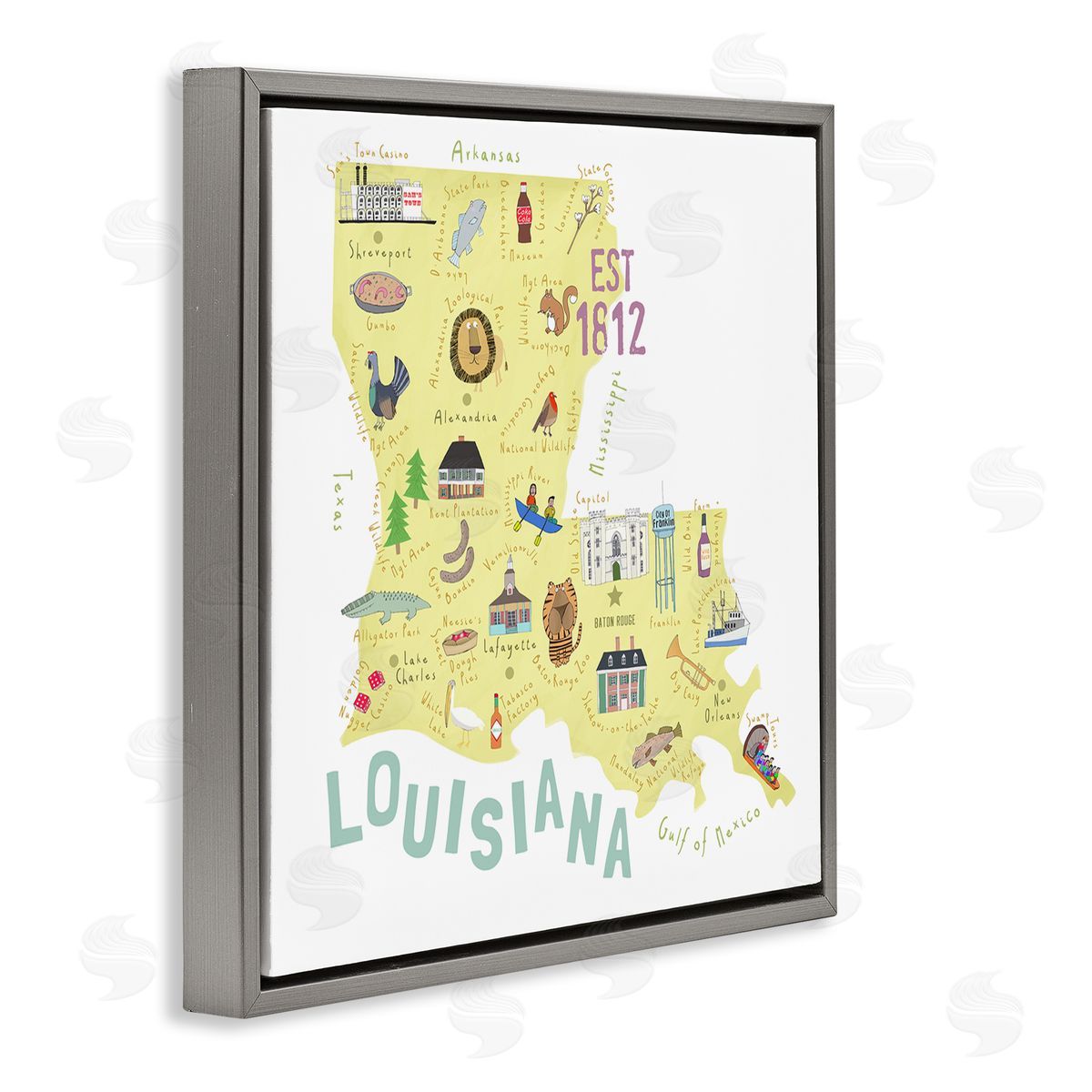 Carla Daly Louisiana State Landmarks Map Gray Floating Frame Canvas Wall Art Print