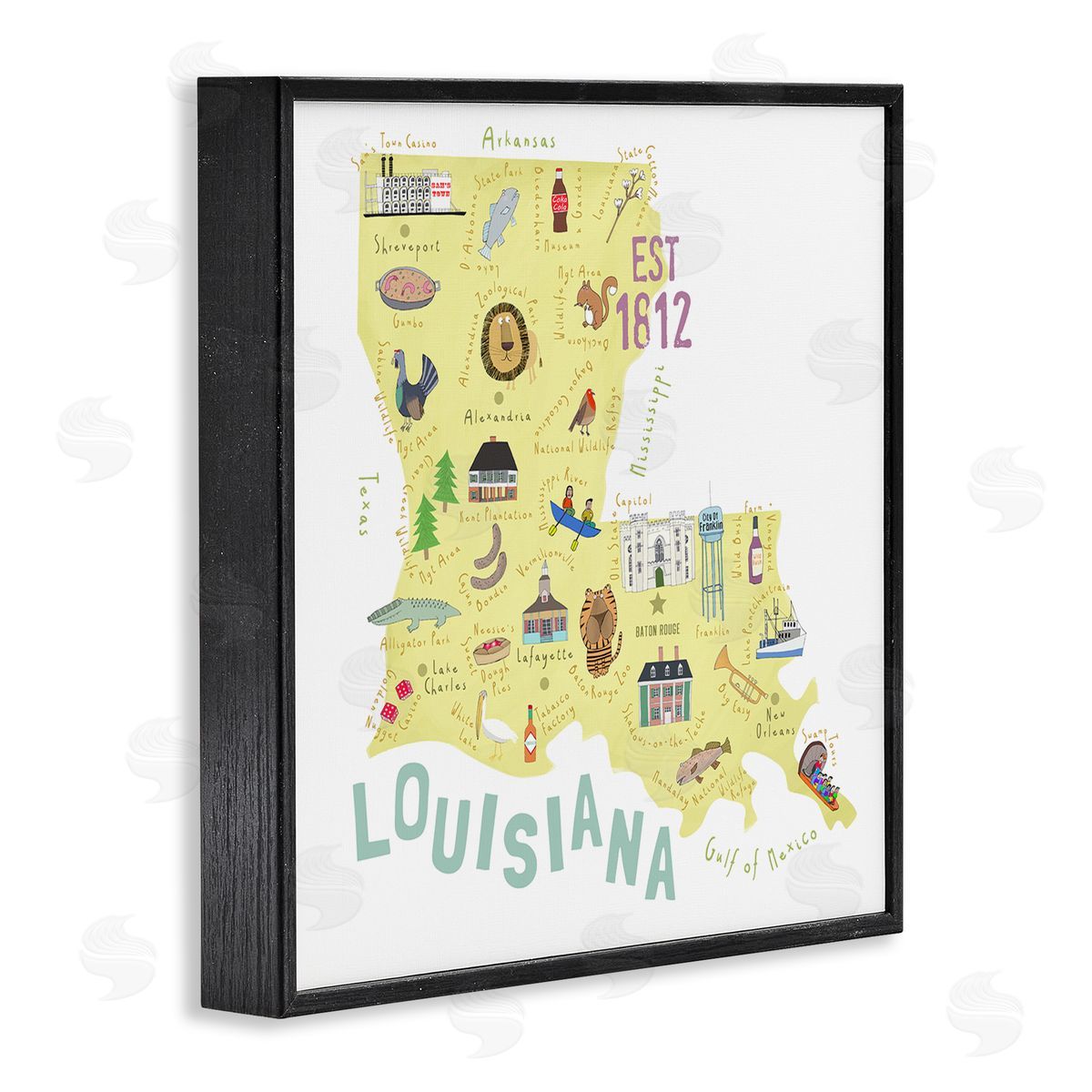 Carla Daly Louisiana State Landmarks Map Black Framed Glicee Wall Art Print