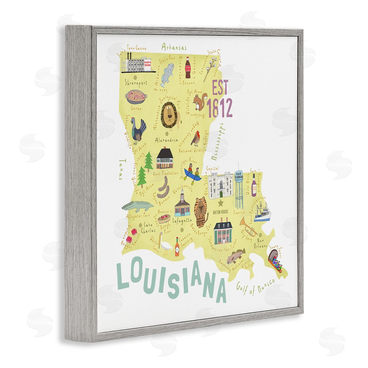 Carla Daly Louisiana State Landmarks Map Gray Framed Glicee Wall Art Print