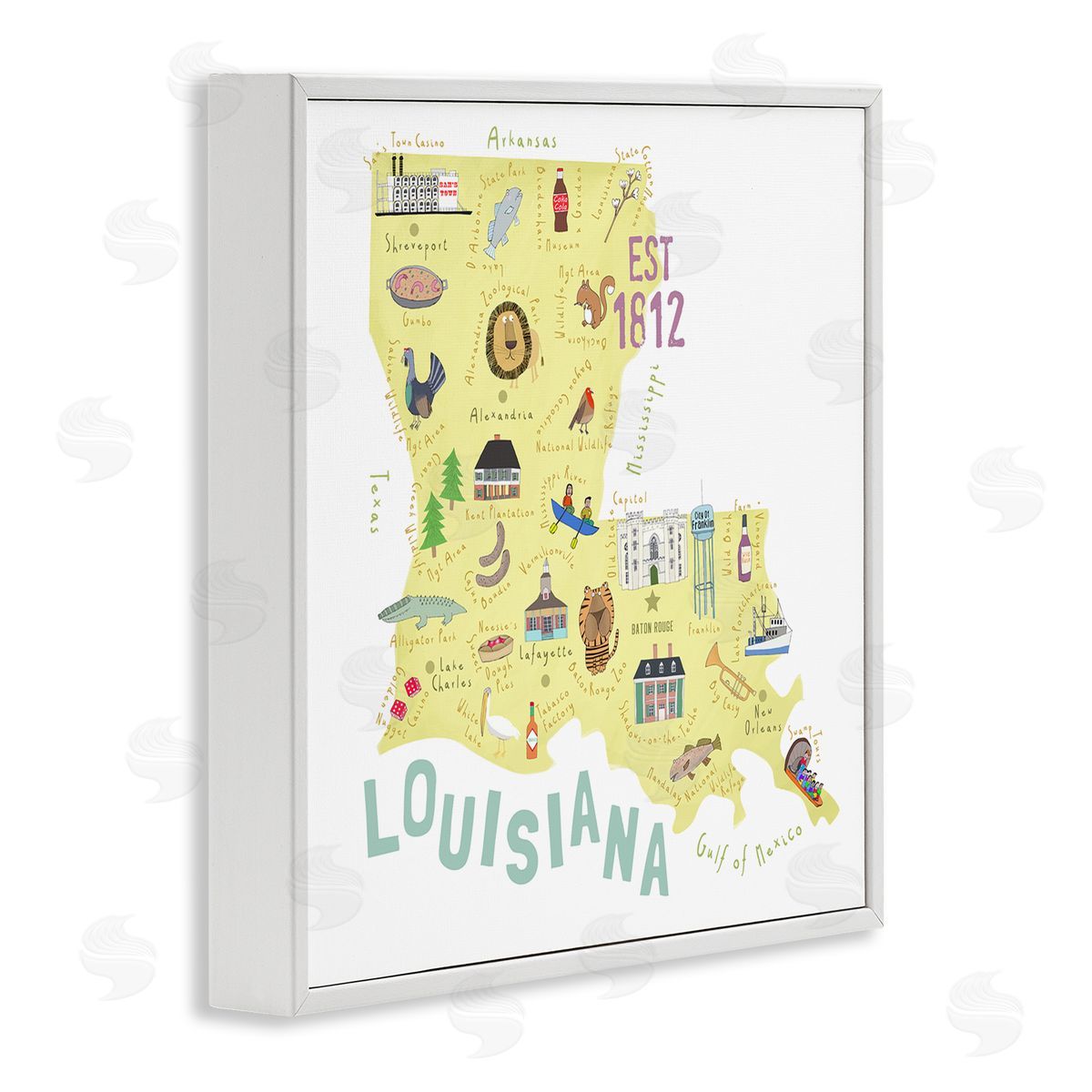 Carla Daly Louisiana State Landmarks Map White Framed Glicee Wall Art Print