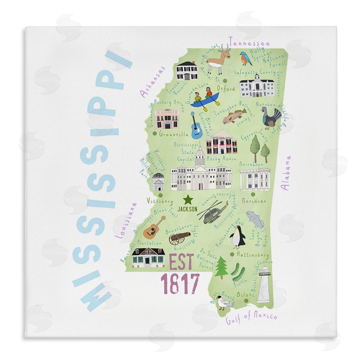 Carla Daly Mississippi Landmarks Drawings Map Stretched Canvas Wall Art Print