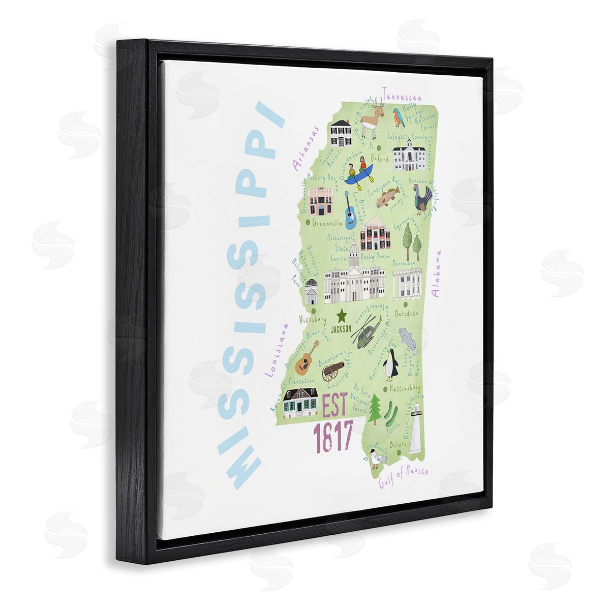 Carla Daly Mississippi Landmarks Drawings Map Black Floating Frame Canvas Wall Art Print