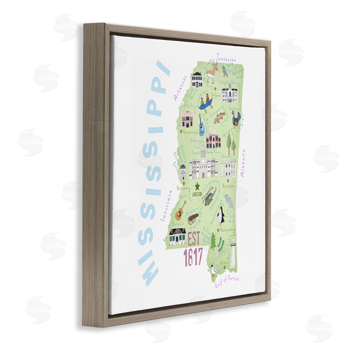 Carla Daly Mississippi Landmarks Drawings Map Brown Floating Frame Canvas Wall Art Print