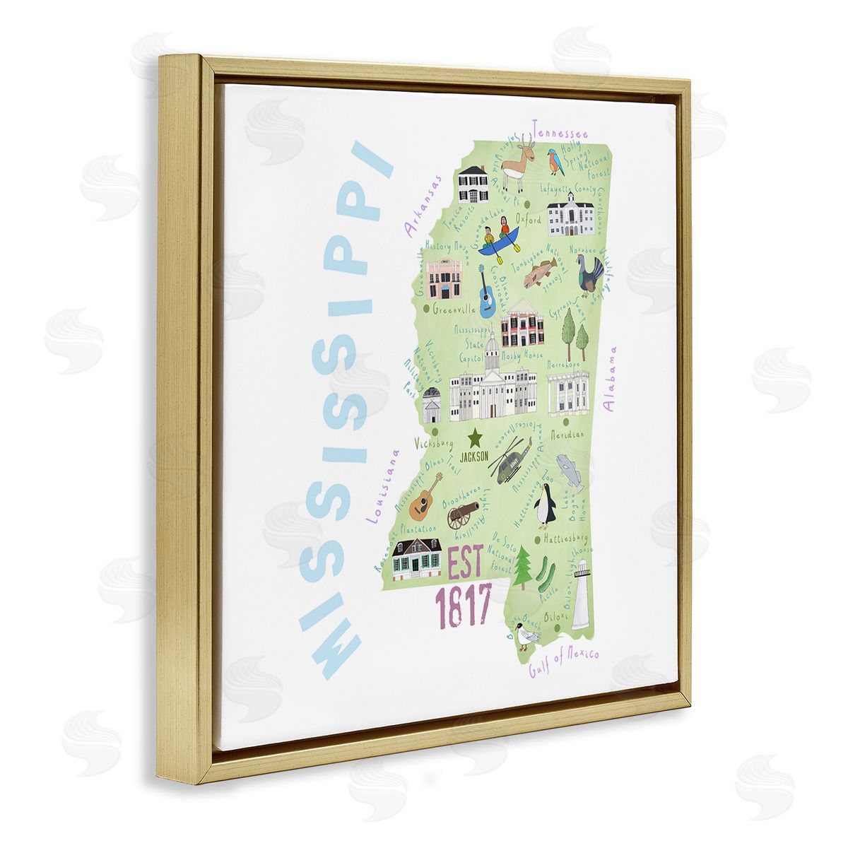 Carla Daly Mississippi Landmarks Drawings Map Gold Floating Frame Canvas Wall Art Print