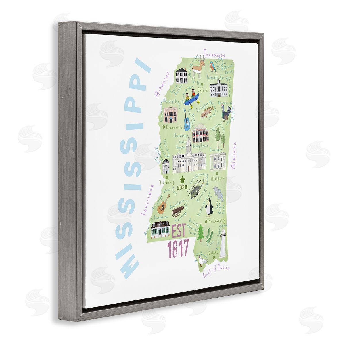 Carla Daly Mississippi Landmarks Drawings Map Gray Floating Frame Canvas Wall Art Print