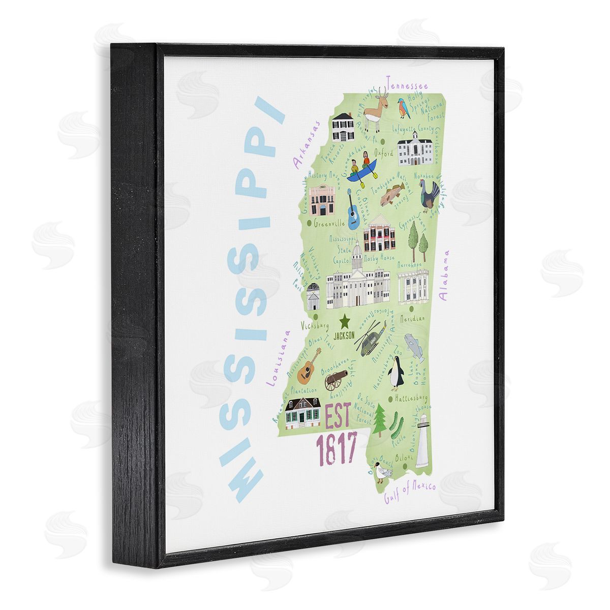 Carla Daly Mississippi Landmarks Drawings Map Black Framed Glicee Wall Art Print
