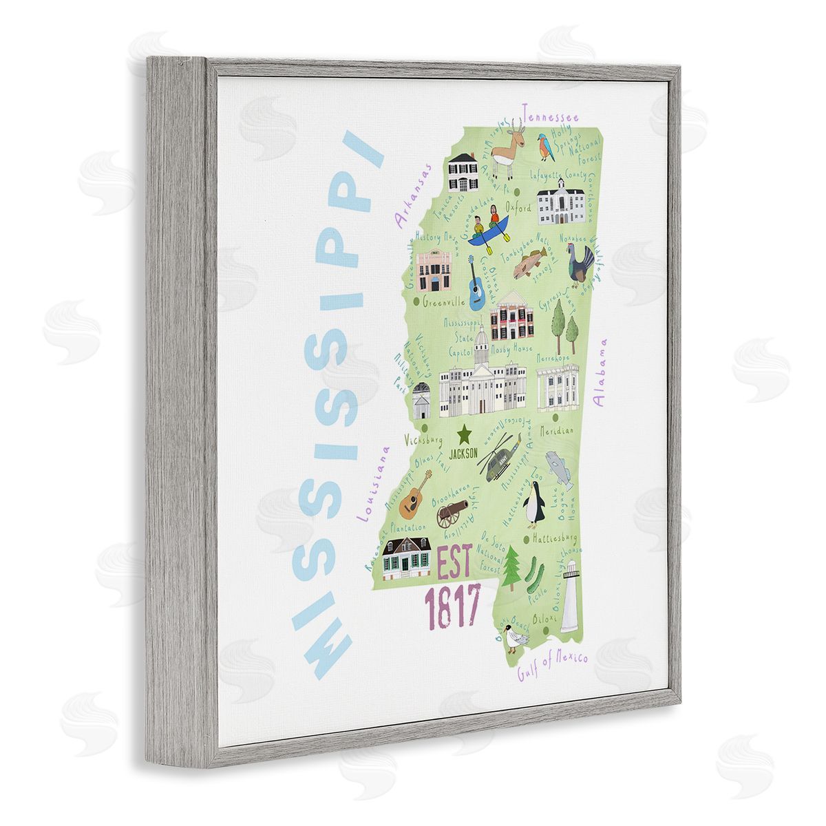 Carla Daly Mississippi Landmarks Drawings Map Gray Framed Glicee Wall Art Print