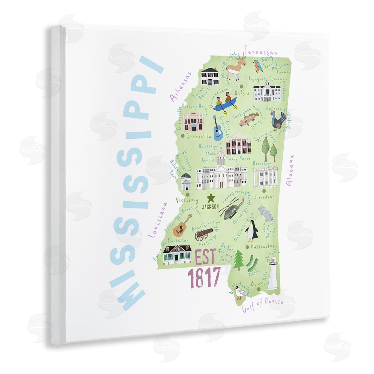 Carla Daly Mississippi Landmarks Drawings Map Wooden Wall Plaque Art Print