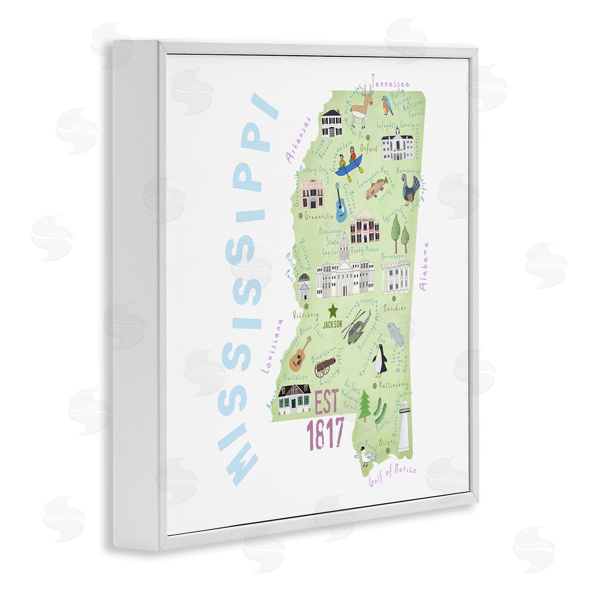 Carla Daly Mississippi Landmarks Drawings Map White Framed Glicee Wall Art Print