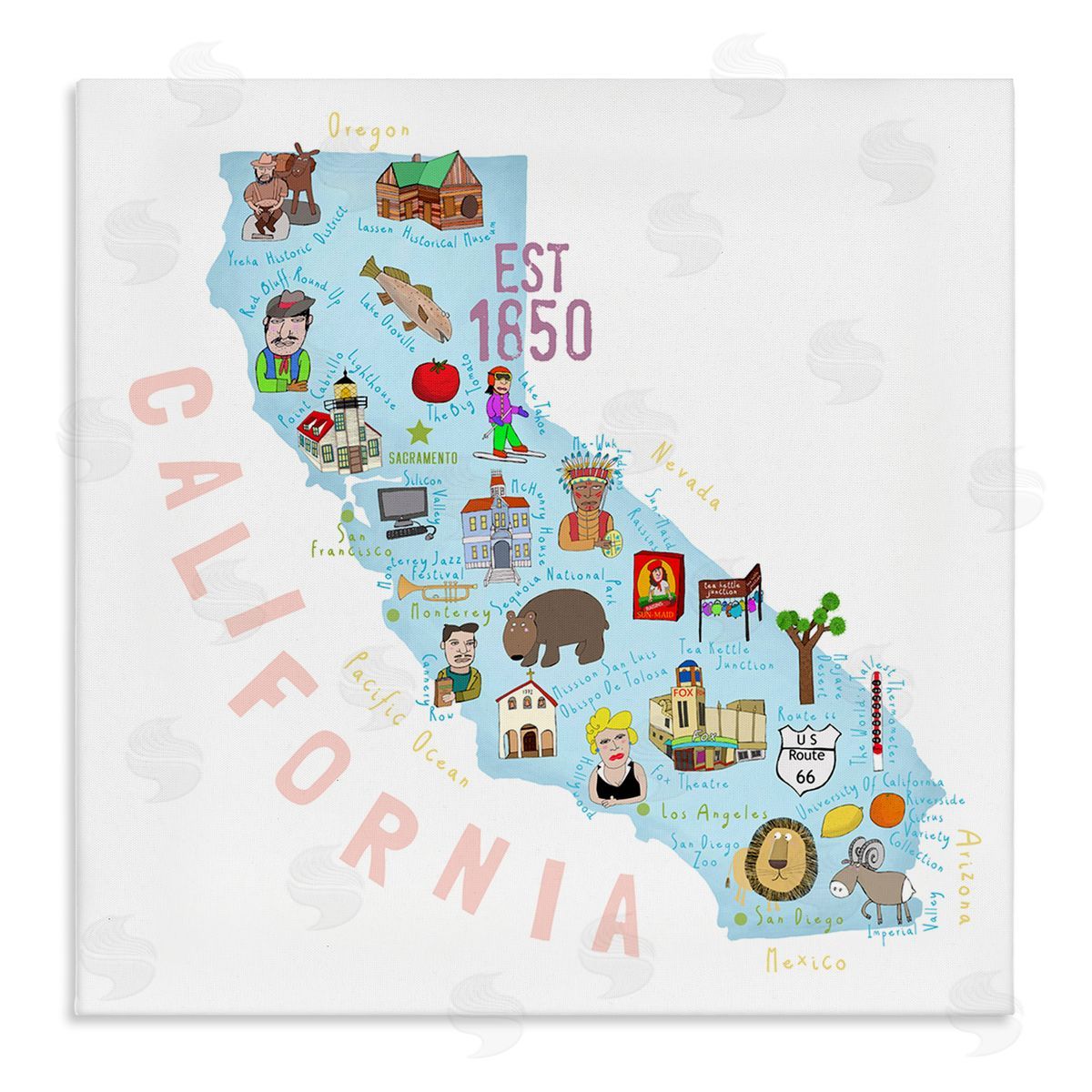 Carla Daly California Tourist Spots State Stretched Canvas Wall Art Print