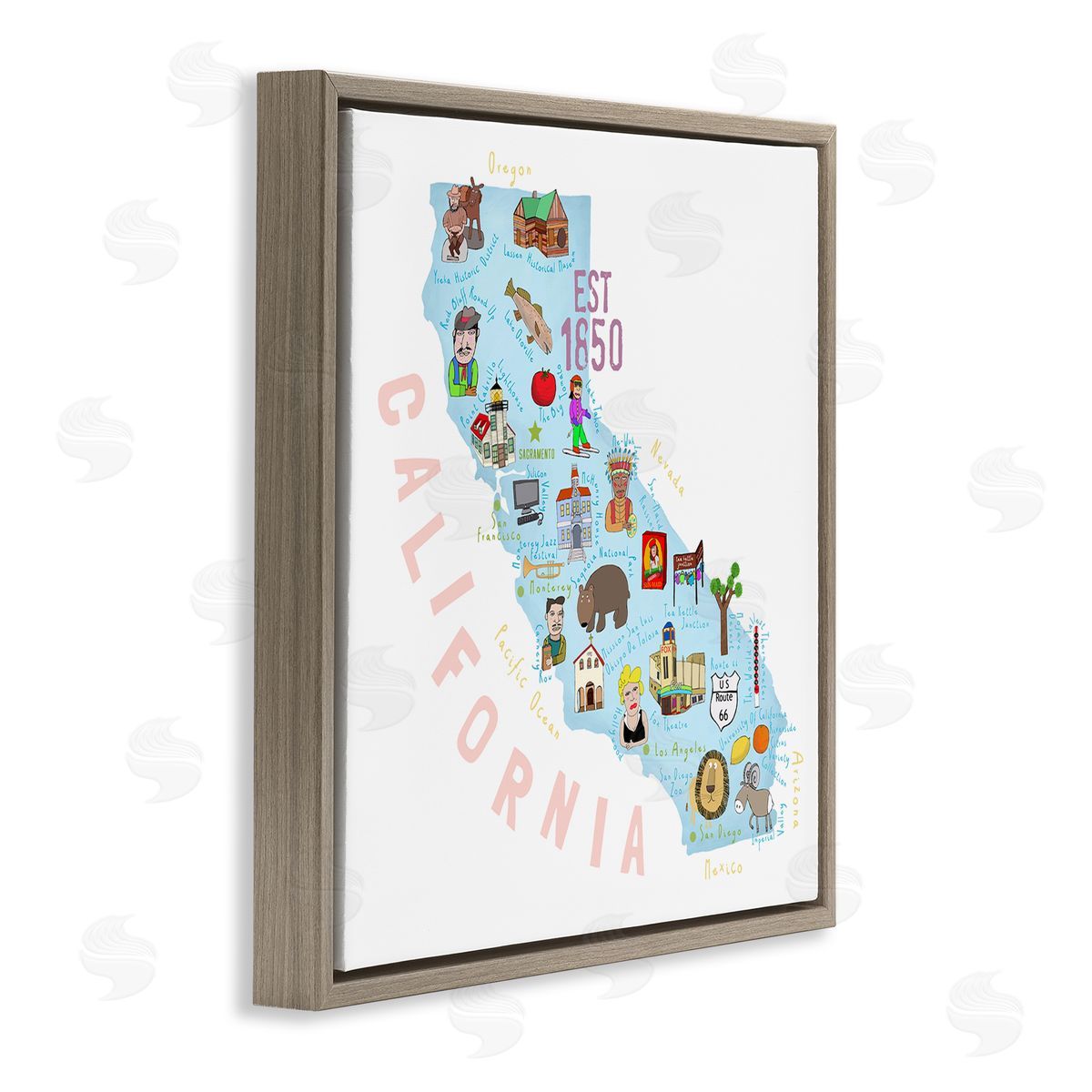 Carla Daly California Tourist Spots State Brown Floating Frame Canvas Wall Art Print