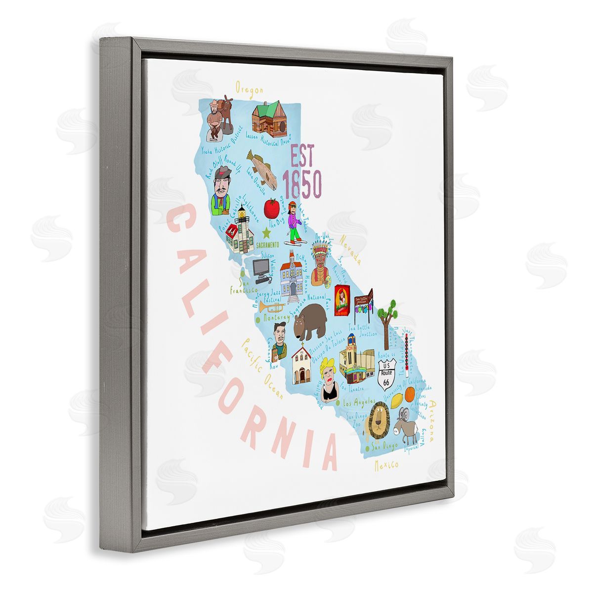 Carla Daly California Tourist Spots State Gray Floating Frame Canvas Wall Art Print