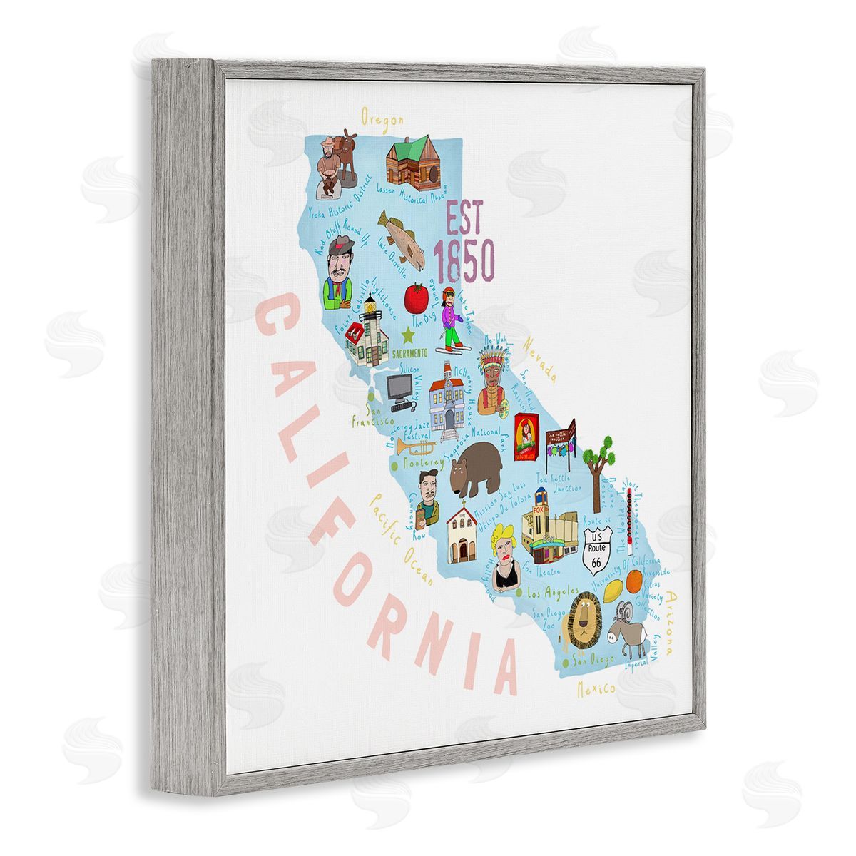 Carla Daly California Tourist Spots State Gray Framed Glicee Wall Art Print