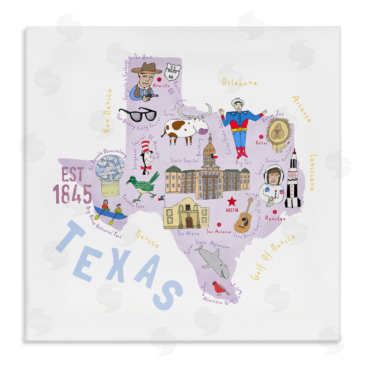 Carla Daly Pastel Texas Landmarks Map Stretched Canvas Wall Art Print