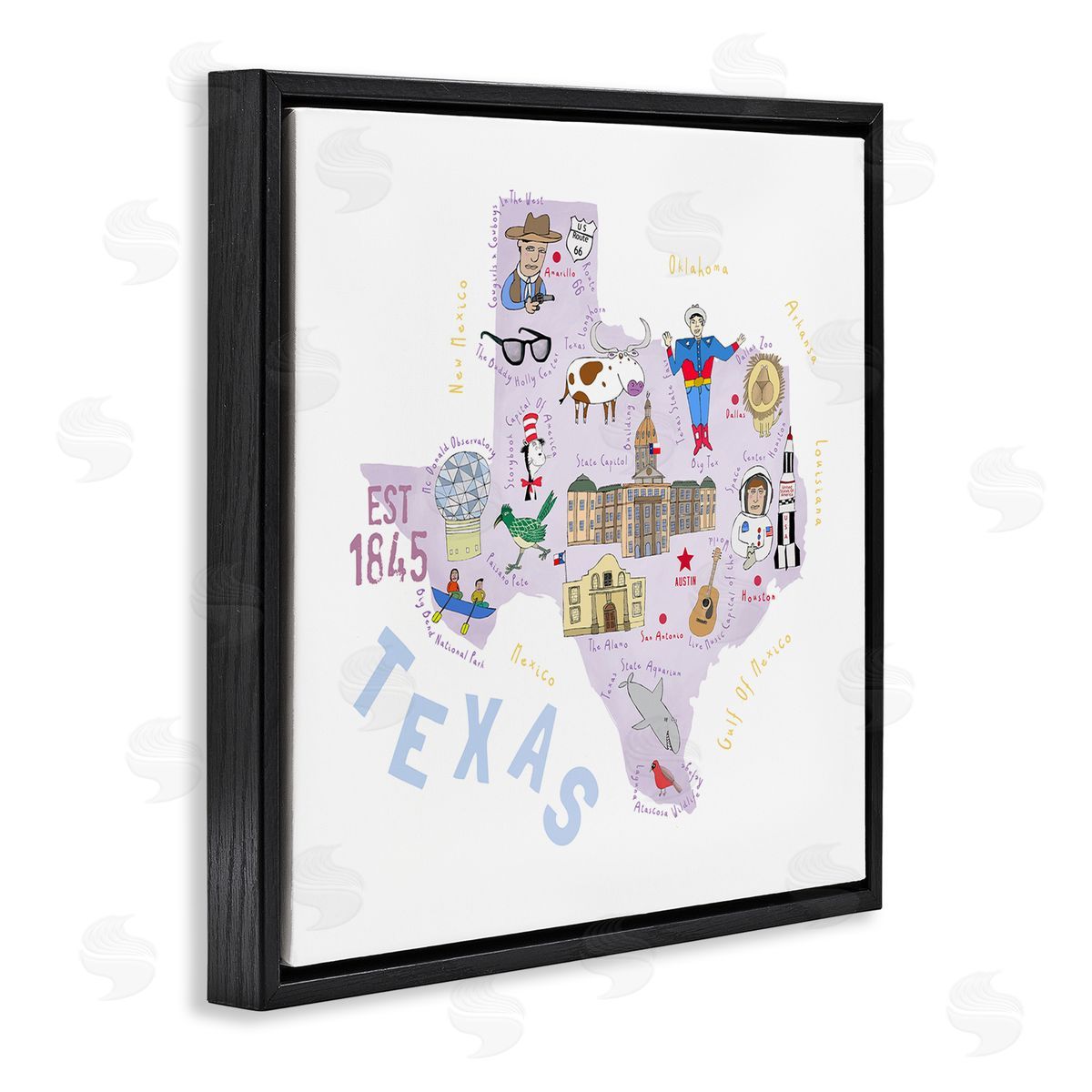 Carla Daly Pastel Texas Landmarks Map Black Floating Frame Canvas Wall Art Print