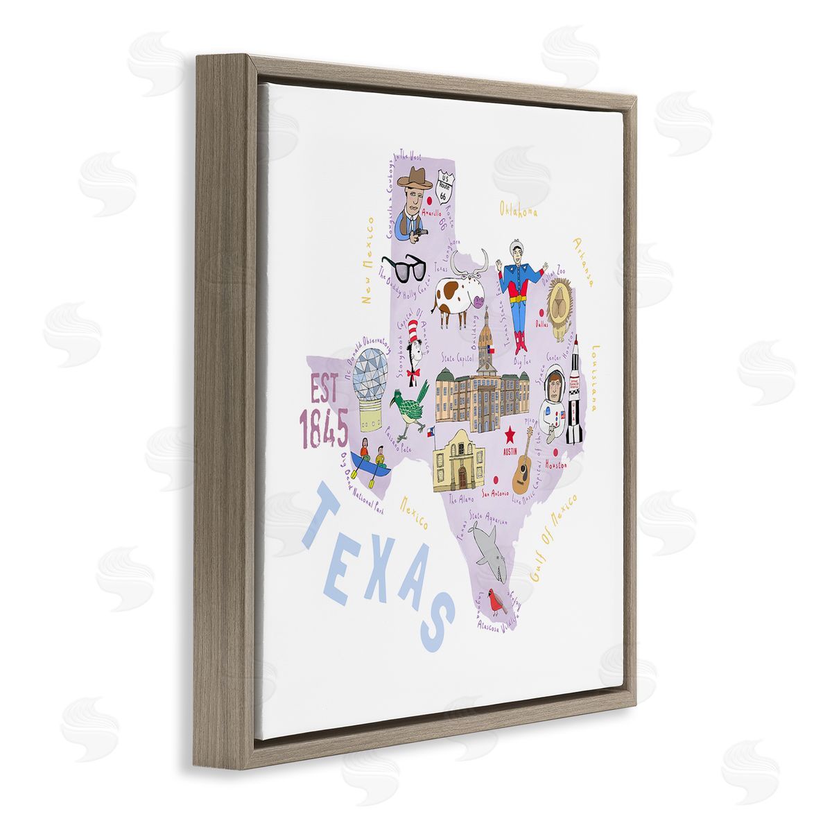 Carla Daly Pastel Texas Landmarks Map Brown Floating Frame Canvas Wall Art Print