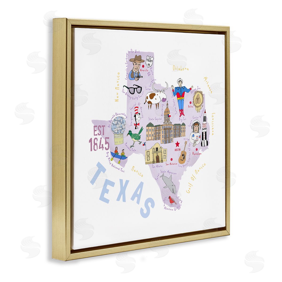 Carla Daly Pastel Texas Landmarks Map Gold Floating Frame Canvas Wall Art Print