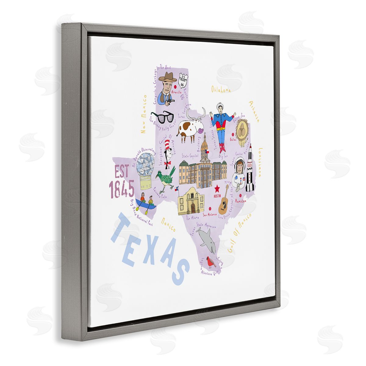Carla Daly Pastel Texas Landmarks Map Gray Floating Frame Canvas Wall Art Print