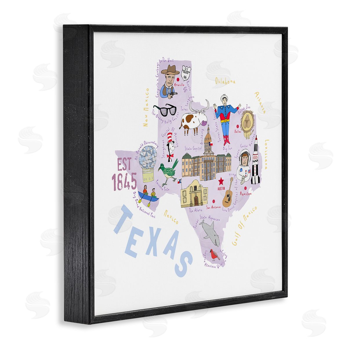 Carla Daly Pastel Texas Landmarks Map Black Framed Glicee Wall Art Print