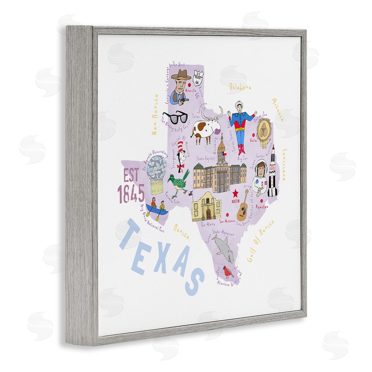 Carla Daly Pastel Texas Landmarks Map Gray Framed Glicee Wall Art Print