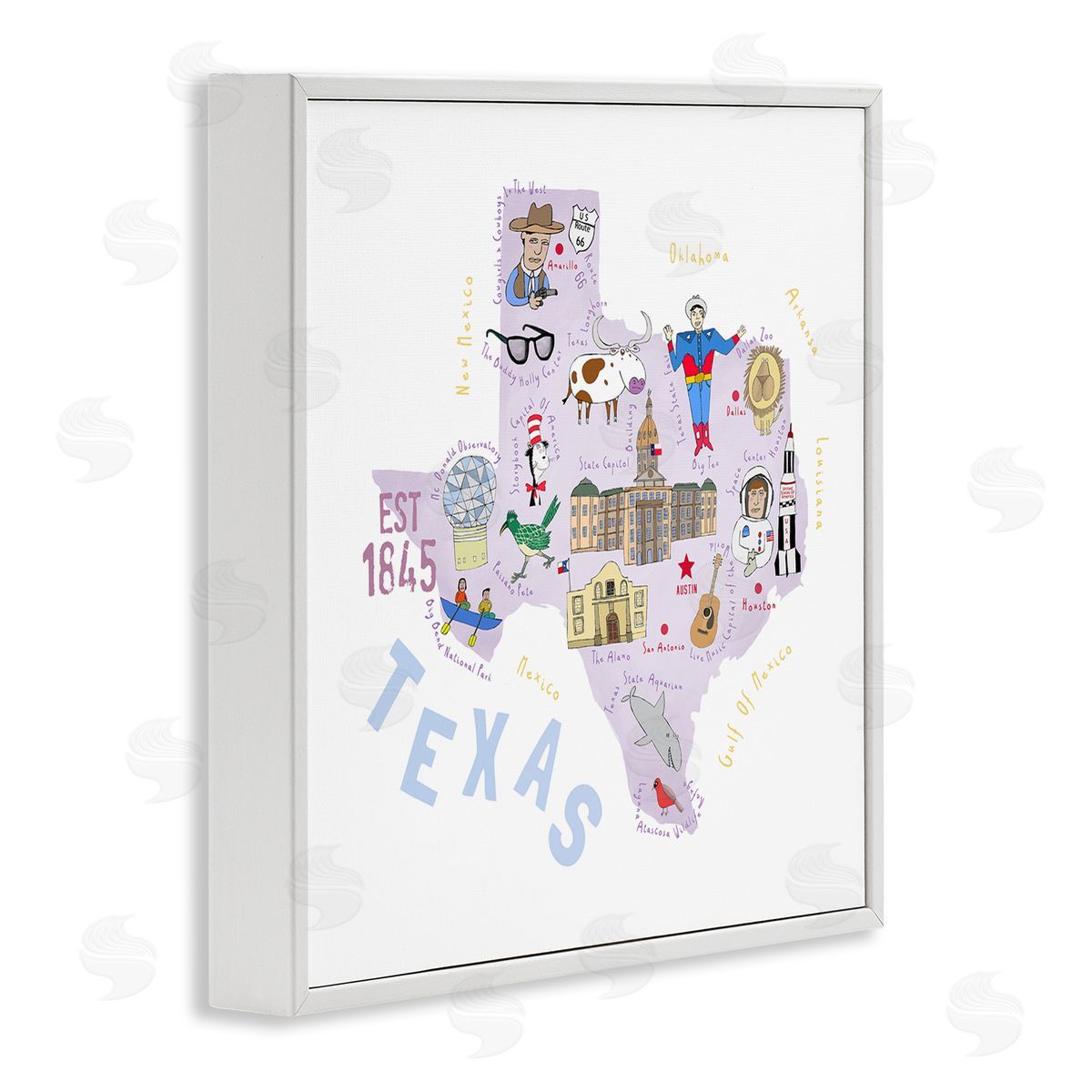 Carla Daly Pastel Texas Landmarks Map White Framed Glicee Wall Art Print