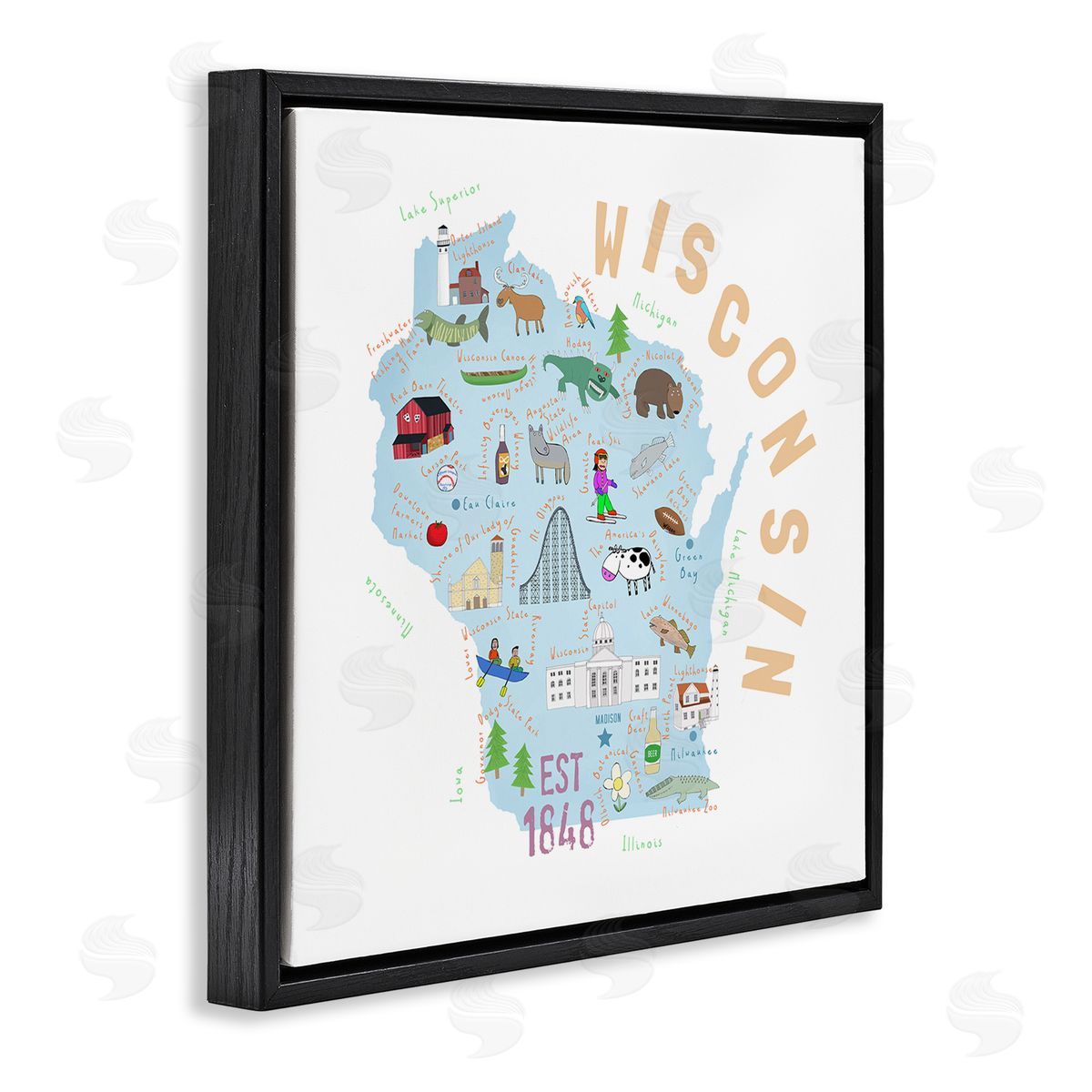 Carla Daly Wisconsin Sights Landmark Doodles  Black Floating Frame Canvas Wall Art Print