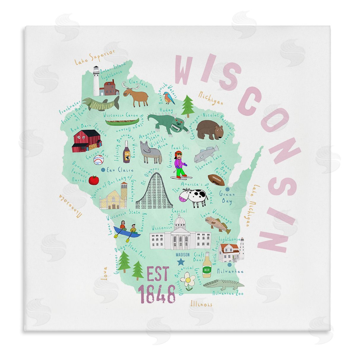 Carla Daly Pastel Wisconsin Landmark Diagram Stretched Canvas Wall Art Print