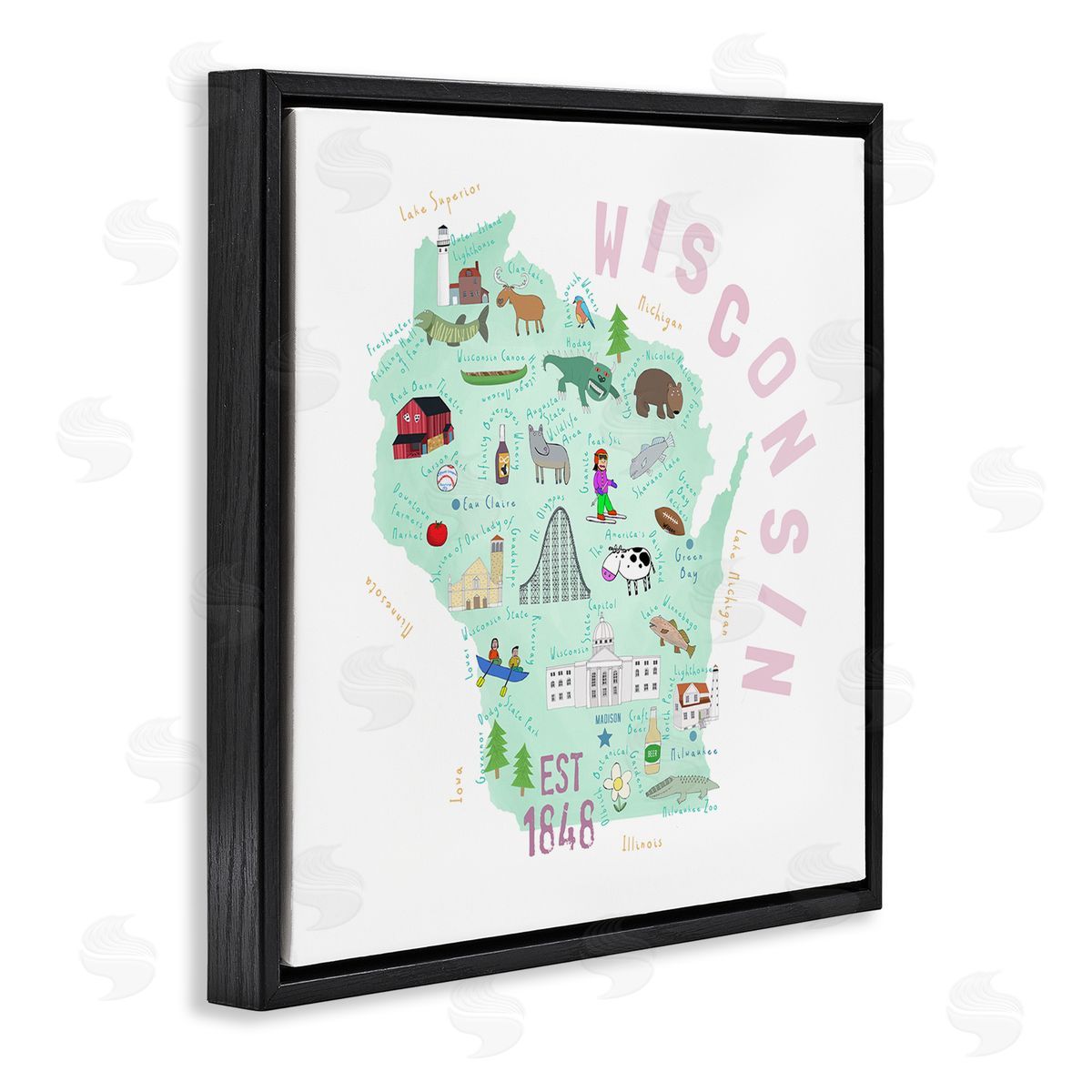 Carla Daly Pastel Wisconsin Landmark Diagram Black Floating Frame Canvas Wall Art Print