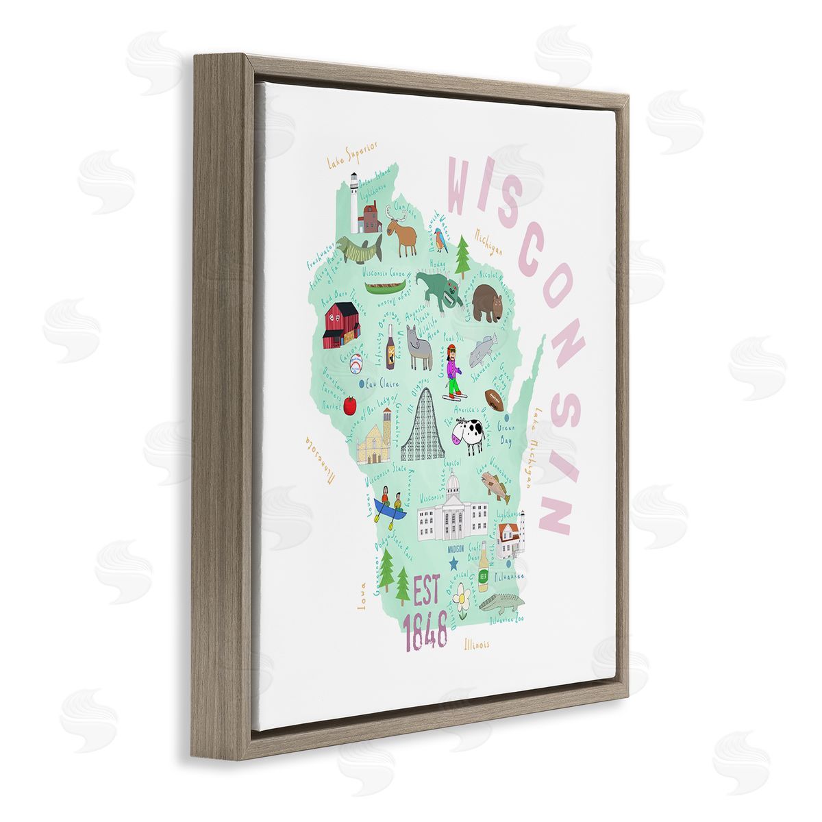 Carla Daly Pastel Wisconsin Landmark Diagram Brown Floating Frame Canvas Wall Art Print