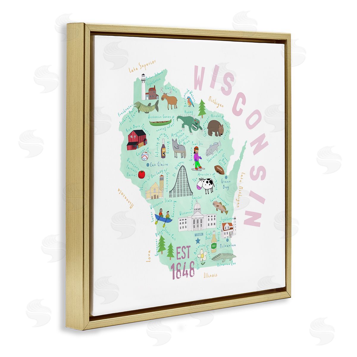 Carla Daly Pastel Wisconsin Landmark Diagram Gold Floating Frame Canvas Wall Art Print