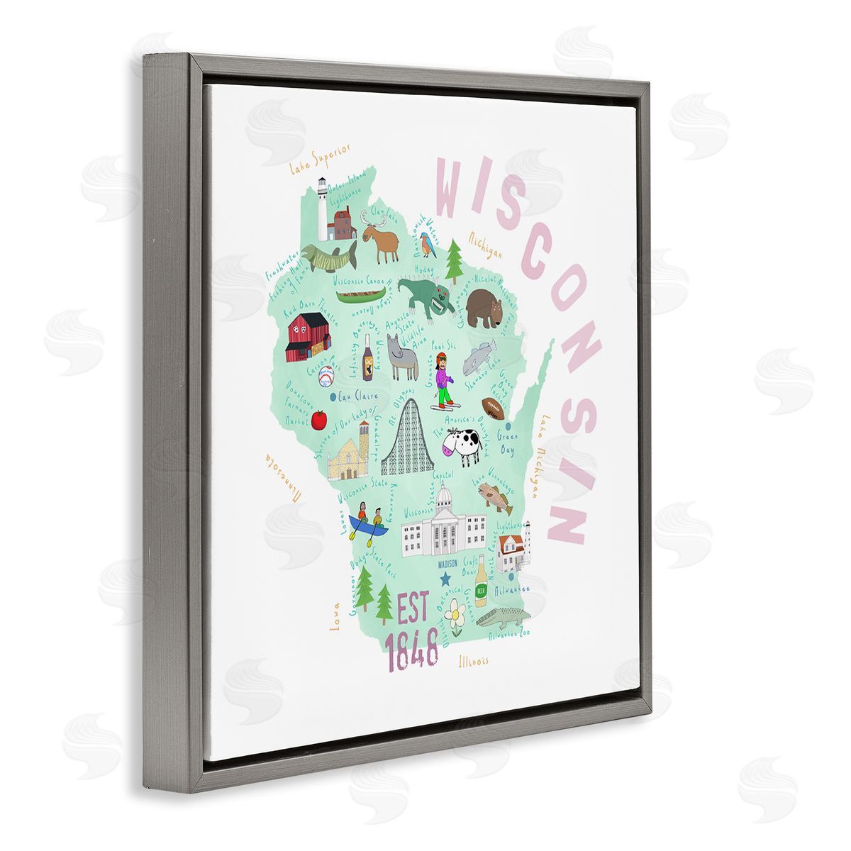 Carla Daly Pastel Wisconsin Landmark Diagram Gray Floating Frame Canvas Wall Art Print