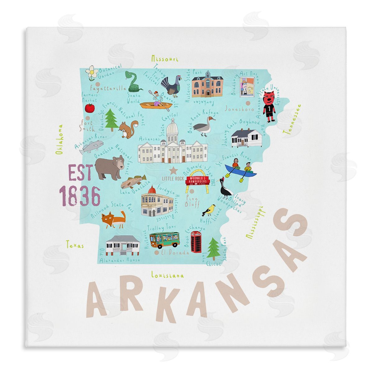 Carla Daly Arkansas Landmark Doodles Map Stretched Canvas Wall Art Print