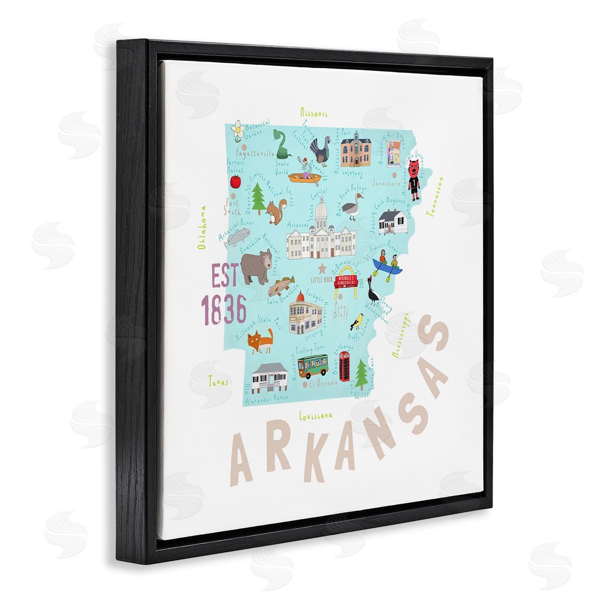 Carla Daly Arkansas Landmark Doodles Map Black Floating Frame Canvas Wall Art Print