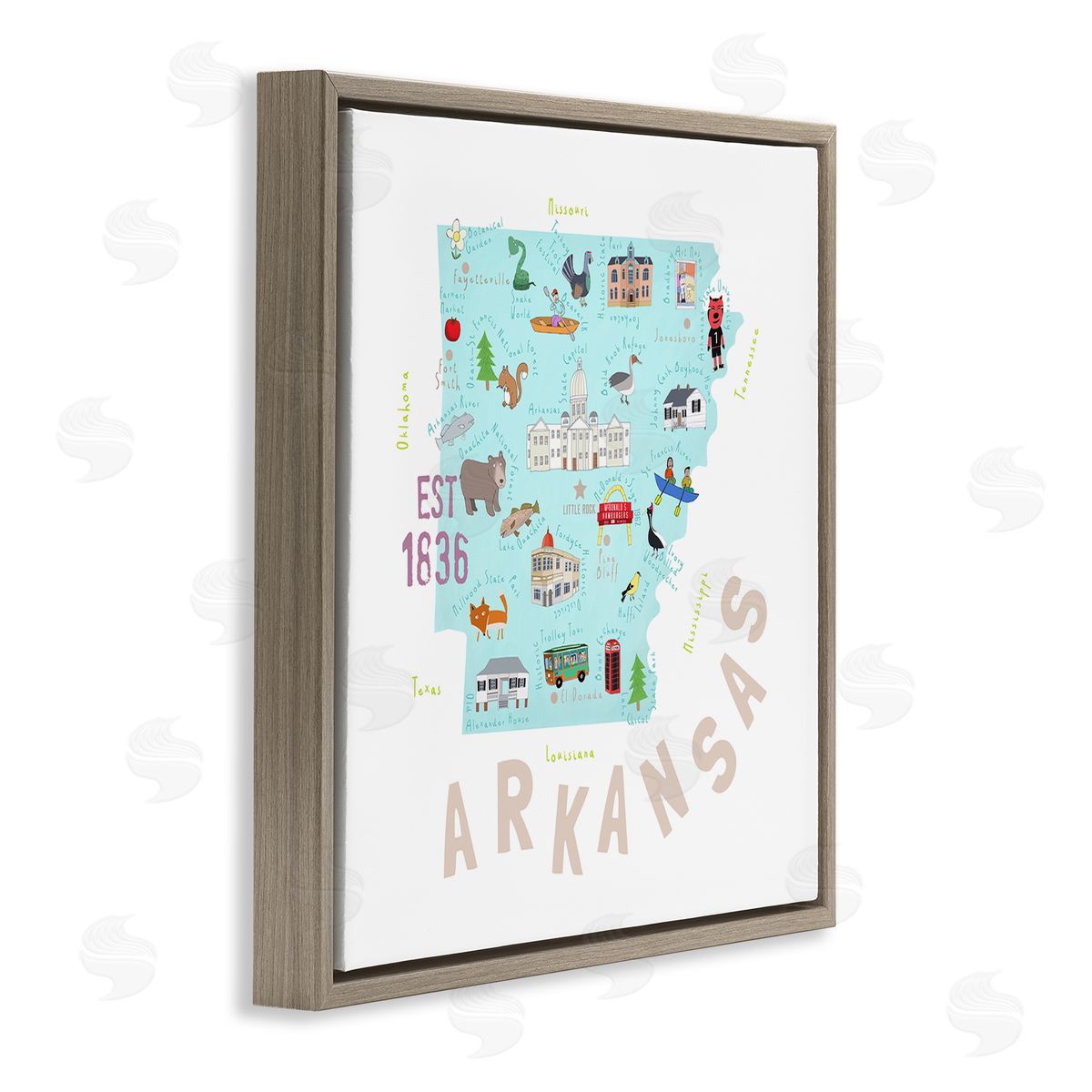 Carla Daly Arkansas Landmark Doodles Map Brown Floating Frame Canvas Wall Art Print