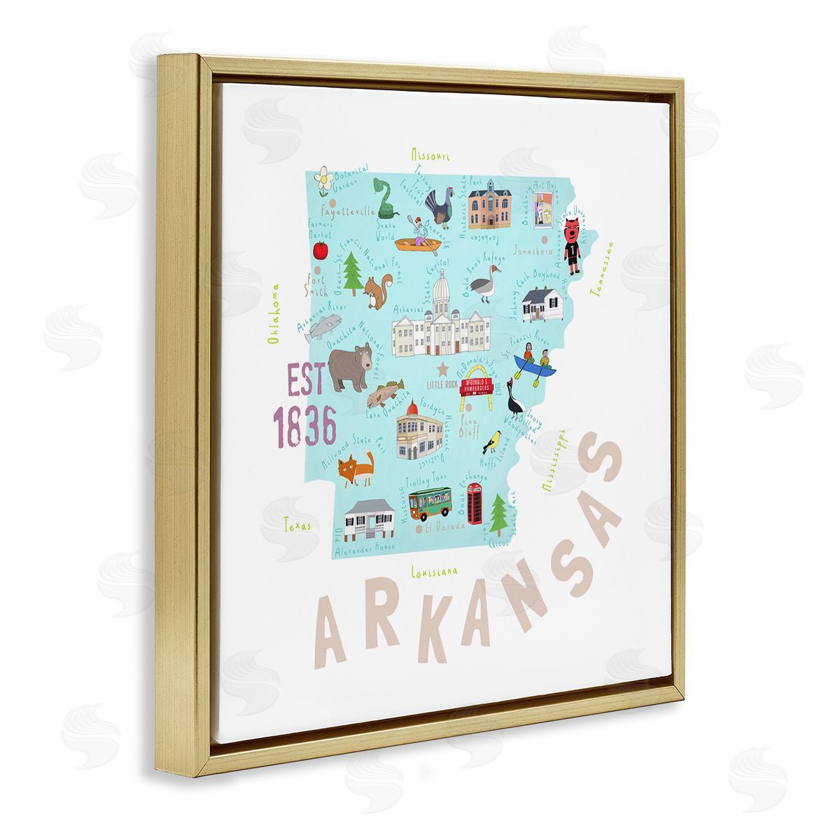 Carla Daly Arkansas Landmark Doodles Map Gold Floating Frame Canvas Wall Art Print
