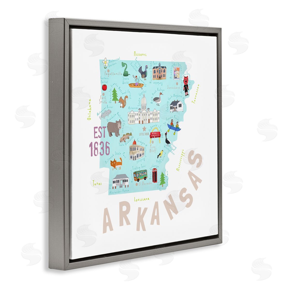 Carla Daly Arkansas Landmark Doodles Map Gray Floating Frame Canvas Wall Art Print