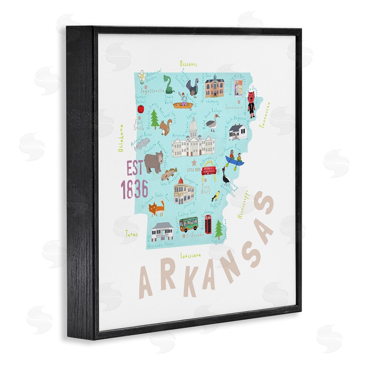 Carla Daly Arkansas Landmark Doodles Map Black Framed Glicee Wall Art Print